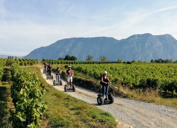 personnes en segway sur une route entourée de vignes en Savoie